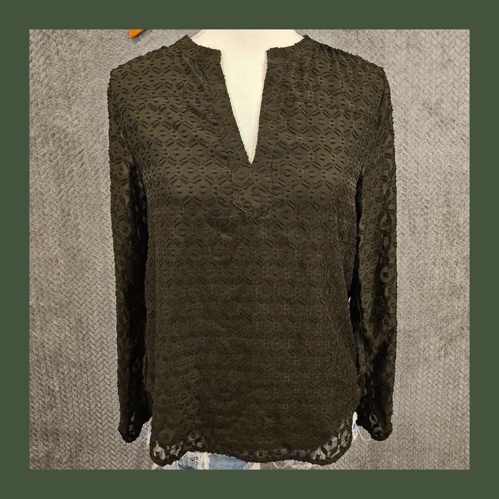 Loft Dark Academia Boho Chic Jacquard Split Neck Blouse Long Sleeve XXS 490427
